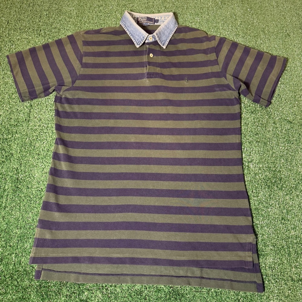 Vintage Polo Ralph Lauren Striped Polo Shirt Denim Collar Green Navy Mens Large